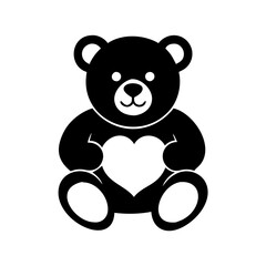 Adorable Teddy Bear Holding Heart Icon-Black and white silhouette of a cute teddy bear sitting with a heart, perfect for love, kids, and Valentine’s Day themes.