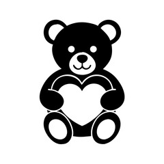 Teddy Bear Holding Heart Silhouette Icon-Black and white graphic of a teddy bear sitting and holding a heart, symbolizing love, affection, and childhood innocence.