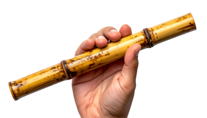 Single hand holding a short rustic bamboo flute on isolated white background