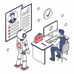 Minimilist robot standing next to a resume and a man working at a desk with a computer and briefcase near him vector