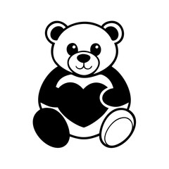 Naklejka premium Cute Bear Silhouette Holding a Heart Shape-Black and white illustration of a smiling teddy bear holding a heart, ideal for love, romance, or children's themes.