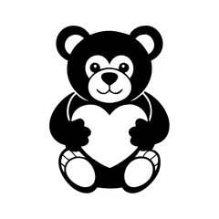 Cute Teddy Bear Icon Holding a Heart-Black and white silhouette of an adorable teddy bear holding a heart, perfect for love, kids, or Valentine's Day themes.