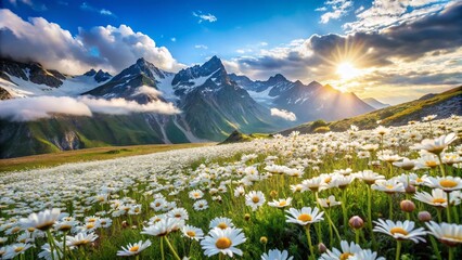 Serene Spring Hillside: White Blossoms, Majestic Mountains, and Blue Sky