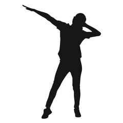 Silhouette of a Person Dabbing with Arms Extended Wearing Casual Clothes and Sneakers Against a White Background, Isolated and Simplified