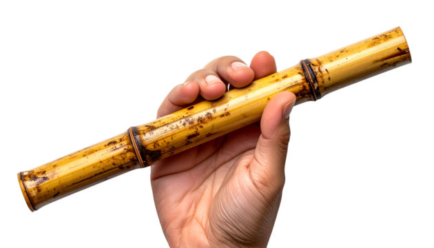 Single hand holding a short rustic bamboo flute on isolated white background