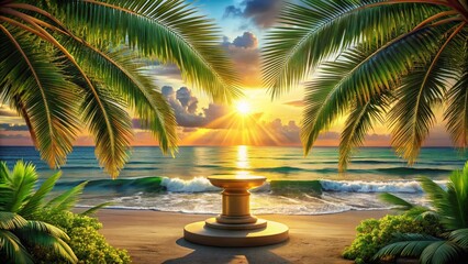 Tropical Paradise: Golden Sunlight on Palm Fronds, Peaceful Oasis Landscape