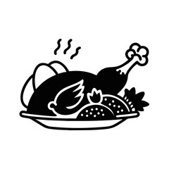 Silhouette of Roasted Turkey on Serving Plate-Black vector silhouette of a steaming roasted turkey served with garnish, symbolizing festive meals like Thanksgiving or holiday dinners.