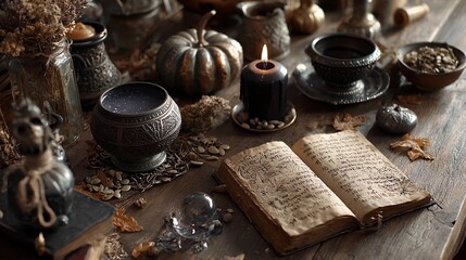 Book is open on a table with a candle and a bowl of pumpkin seeds.
