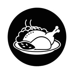 Silhouette Icon of Roast Dinner Plate-Black vector silhouette of a dinner plate with roast chicken, sausage, and vegetables, symbolizing a festive or holiday meal.