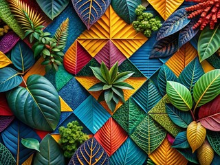 Vibrant Geometric Pattern Panoramic with Leafy Accents - Stock Photo