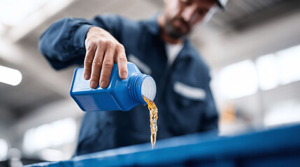 Mechanic pouring fresh lubricant. Concept for maintenance, vehicle care, and automotive service.  Ideal for industries related to transportation, engineering, and repair.