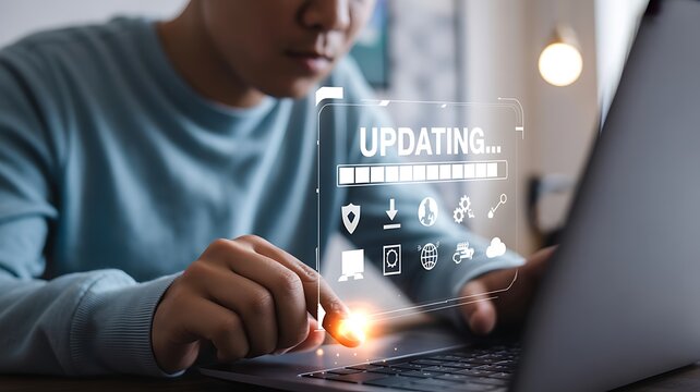 Person interacting with digital update progress bar and icons technology - Powered by Adobe