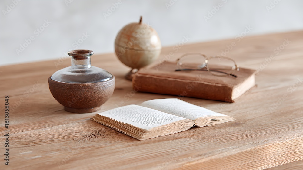 Aufkleber book is open on a table with a vase and a globe.