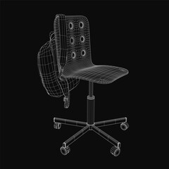 A sleek 3D wireframe model of an office chair stands out against a black background. The chair features a curved backrest, armrests, and four wheels for mobility.