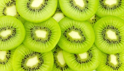 Kiwi fruit is sliced and shows the bright green flesh with small black seeds