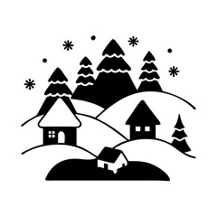 Snowy winter village with pine trees and hills-Black and white illustration of a snowy village scene featuring small houses, hills, pine trees, and falling snowflakes.