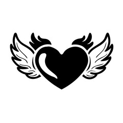 Winged Black Heart Icon with Highlight-Black heart silhouette with bold white wings and a glossy shine, symbolizing freedom, love, and romantic emotion.