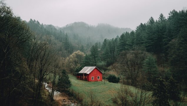 Red cabin nestles in a misty valley, surrounded by lush green forests and rolling hills under an overcast sky. Stream runs nearby, with bare trees lining its bank in the foreground