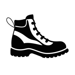 Black Hiking Boot Silhouette with Tread Detail-Vector silhouette of a sturdy hiking boot with detailed sole, lace hooks, and ankle loop, representing outdoor gear and adventure.
