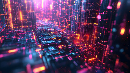 Obraz premium Abstract 3D Digital Cityscape with Glowing Neon Lines and Circuitry, Futuristic Technology Background Illustration