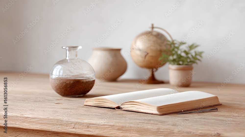Poster book is open on a table with a vase and a globe in front of it.