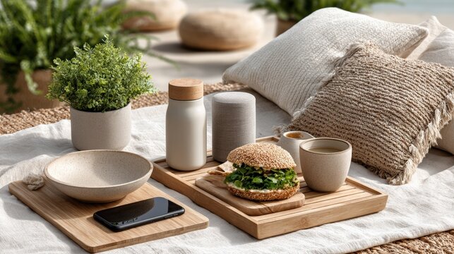 Cozy outdoor brunch setting with vegan burger and eco-friendly tableware - Powered by Adobe