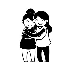 Simple black and white illustration of two women hugging-Minimalist cartoon-style drawing of two smiling women embracing, symbolizing friendship, support, love, and emotional connection.