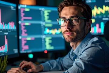 A data analyst immersed in a sea of colorful charts and spreadsheets, surrounded by glowing code reflections in glasses.