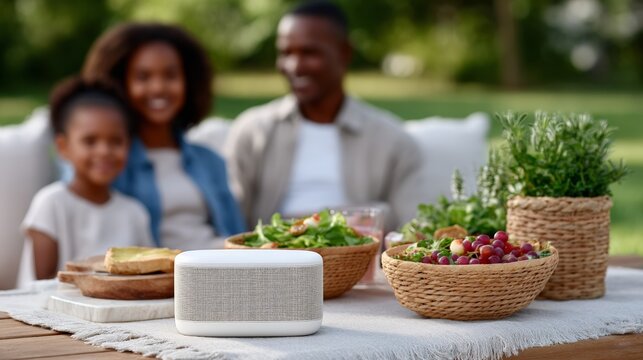 African family enjoying outdoor dining with wireless speaker in focus