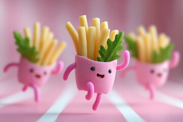 Cute cartoon french fries with happy faces and arms on pink background