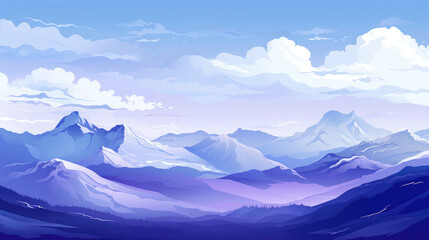 Illustration of Mountain Landscape with Snow-Covered Peaks at Sunset