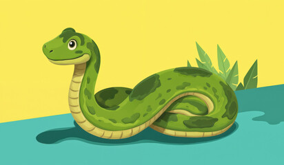Fototapeta premium Green snake with yellow pattern rests on blue background. Snake faces right, relaxed posture, indicates ease. Small plants and leaves form miniature jungle behind.