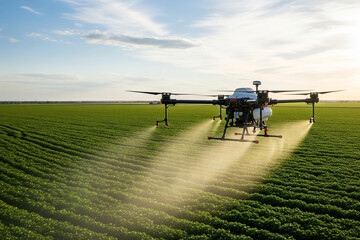 Backlit Agricultural Drone Sprays a Verdant Field at Golden Hour