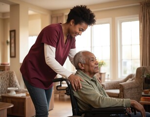 Obraz premium Caregiver in red shirt assists senior man in wheelchair inside living room. Natural light fills warm, inviting space. Gentle touch, attentive gaze convey nurturing care, companionship, support for
