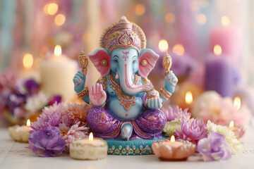 Lord ganesha sculpture with flower decoration