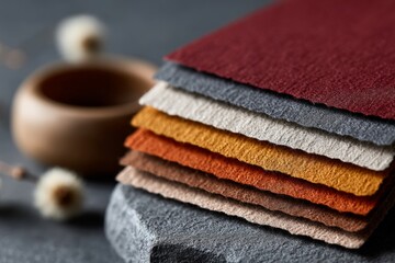 Colorful fabric swatches on stone surface with wooden bowl and flowers