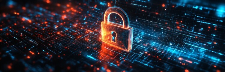 Digital lock symbol on circuit board. Cybersecurity data protection, information privacy, and network