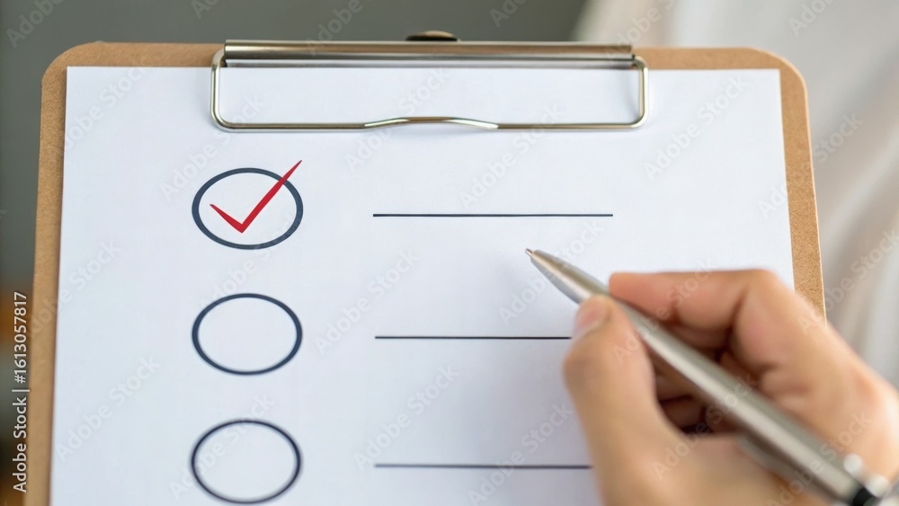 Poster a hand with a pen checks off an item from a clipboard checklist, symbolizing organization and task c