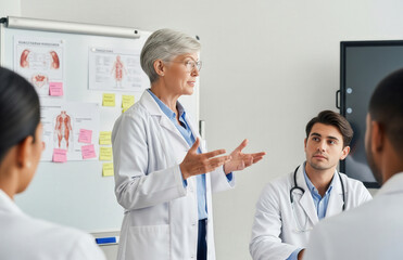 Experienced female doctor conducting training session with young medical professionals, discussing anatomy charts and patient care in a modern hospital environment.