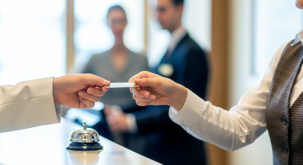 Obraz premium Hotel receptionist handing a room key card to a guest at check-in counter, with bell and staff in background.