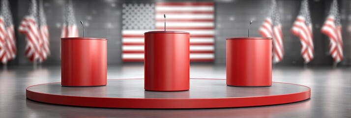 Red podiums arranged for a political debate with American flags in the background