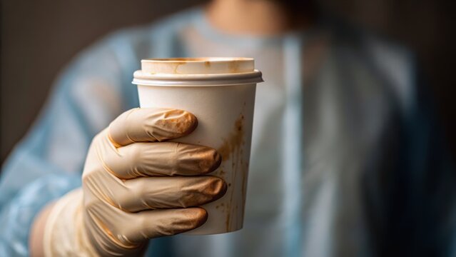 A gloved hand holds a coffee cup, suggesting a focus on hygiene and safety, possibly in a healthcare or food service context.