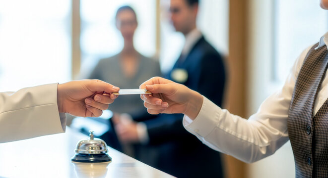 Hotel receptionist handing a room key card to a guest at check-in counter, with bell and staff in background.