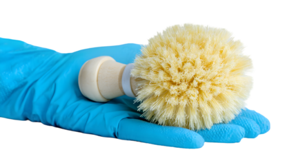 A gloved hand holding a dish brush with light yellow bristles against a black background in a studio shot