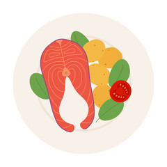Salmon steak with boiled potato, spinach and tomato on plate, top view. Healthy seafood dish for lunch or dinner. Simple illustration, stock flat vector, isolated.