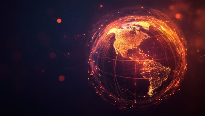 Abstract globe with orange network connections represents global economic relations, policy impacts on international trade.