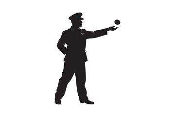 Silhouette of a police officer in uniform tossing a ball in the air isolated on white background representing authority law enforcement and recreational activity