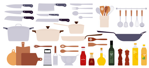 Kitchen utensils set: cookware, knives, cutting boards, graters, bottles with sauces and oils. Essential cooking tools and pots. Simple illustration, stock flat vector, isolated.