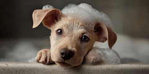 Cute puppy enjoying a bubble bath with soapy suds