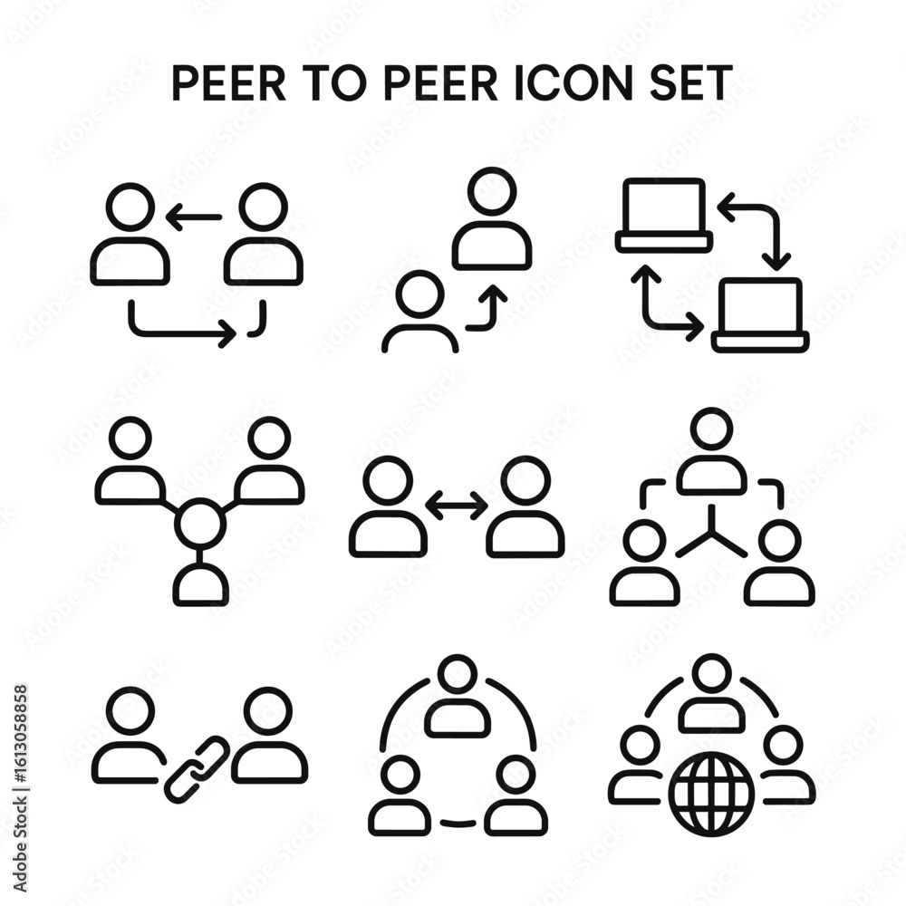 Poster peer networking and collaboration icon collection. outline symbols. line design